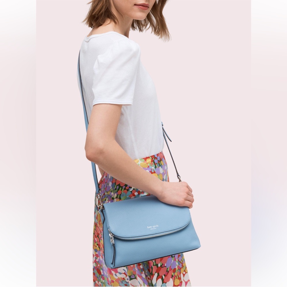 Kate Spade Polly Flap Convertible Medium Light Blue Leather Crossbody Bag - Picture 3 of 15